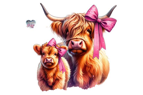 Highland Cow and Calf Pink Coquette PNG for Creative and Practical Use