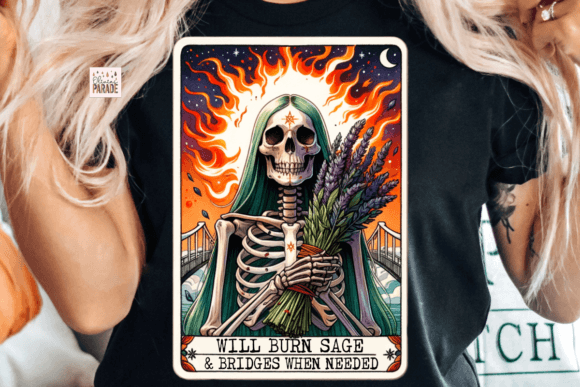 Witch Skeleton Tarot Card PNG Burn Sage